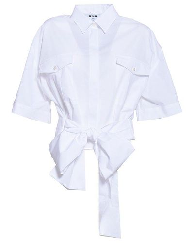 MSGM Pussy Bow Detailed Cropped Shirt - Blue