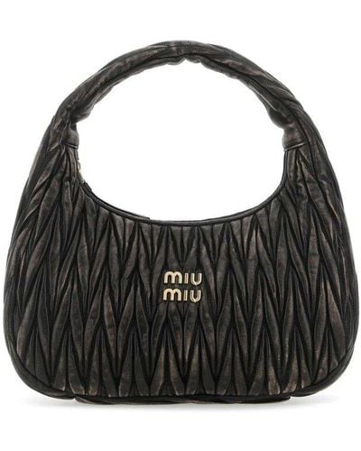 Miu Miu Logo Plaque Quilted Zipped Hobo Bag - Black