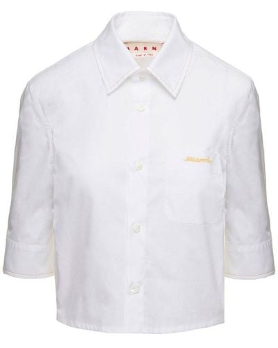 Marni Cropped Shirt With Contrasting Embroidered Logoin Cotton - White