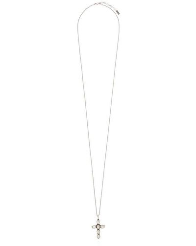 Saint Laurent Cross Pearl Embellished Pendant Necklace - White