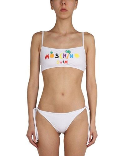 Moschino Nylon Bikini Top With Logo Print - White