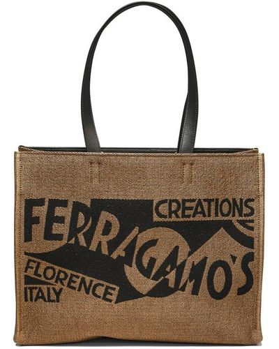 Ferragamo Logo Detailed Medium Tote Bag - Brown