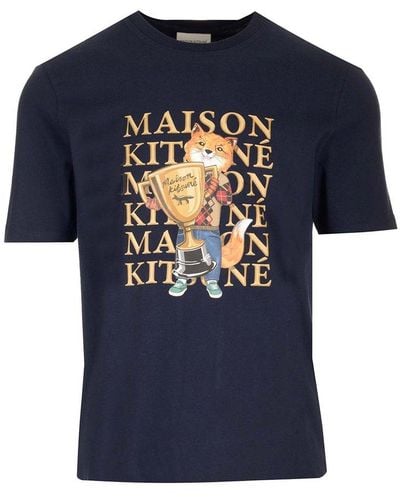 Maison Kitsuné Fox Champion Printed Crewneck T-shirt - Blue