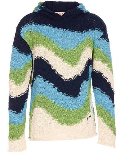 Marni Crochet-knitted Stripe Intarsia Hooded Sweater - Blue
