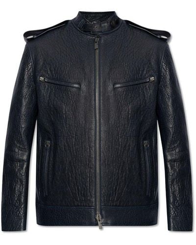 Burberry Long Sleeved Zip-up Leather Jacket - Blue