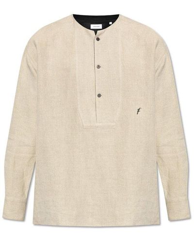 Ferragamo Collarless Logo-embroidered Long Sleeved Shirt - Natural