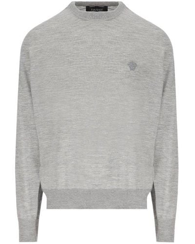 Versace Logo Embroidered Crewneck Knitted Jumper - Grey