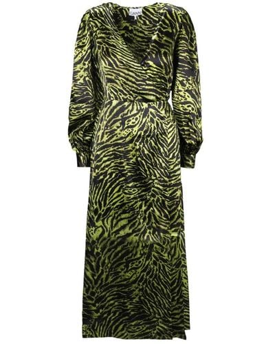 Ganni Tiger Print Wrapped V-neck Dress - Green
