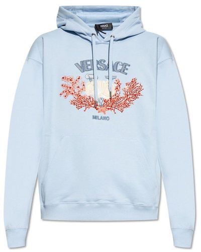 Versace University Coral Embroidered Drawstring Hoodie - Blue