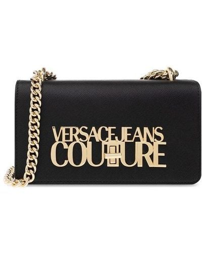 Versace Logo Lettering Foldover Top Shoulder Bag - Black