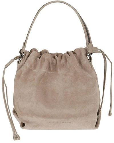 Brunello Cucinelli Drawstring-fastened Logo Embossed Bucket Bag - Natural