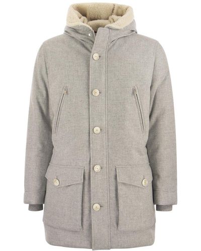 Brunello Cucinelli Wool, Silk And Cashmere Parka With Down Filling And Shearling-lined Hood - Grey