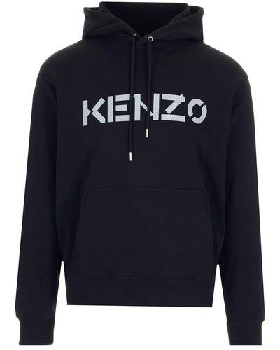 KENZO Logo Print Drawstring Hoodie - Blue