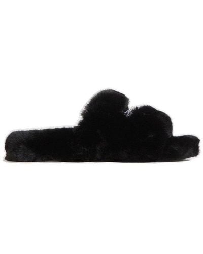Balenciaga Logo Embroidered Furry Slides - Black