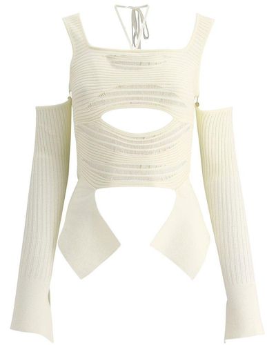 ANDREA ADAMO Cut-out Square-neck Knitted Top - White