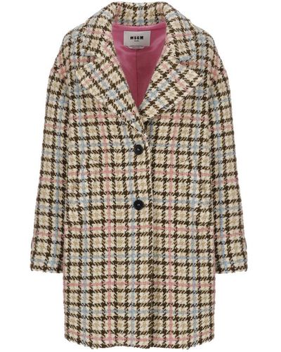 MSGM Houndstooth-pattern Long Sleeved Buttoned Coat - Natural