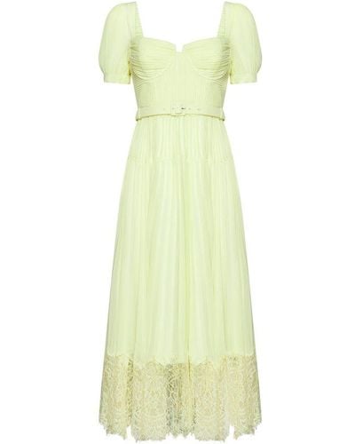 Self-Portrait Lace-panelled Belted Pleated Midi Dress - Green