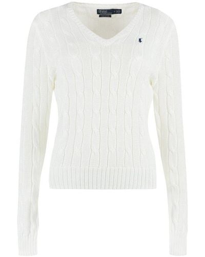 Polo Ralph Lauren Polo Ralph Laure Kimberly V-neck Cable Knit Sweater - White