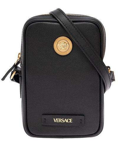 Versace Man's Leather Smartphone Case With Metal Logo - Black