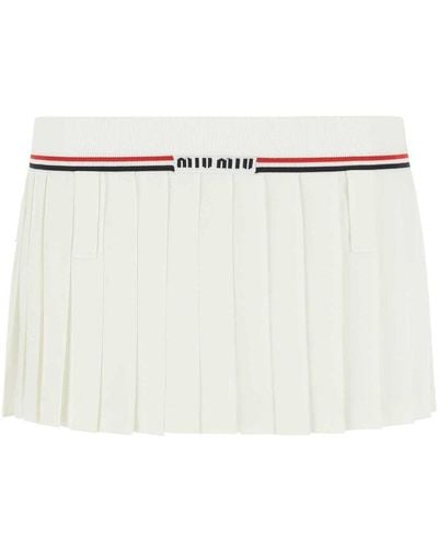 Miu Miu Logo Waistband Pleated Mini Skirt - White