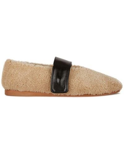 Low Classic Shearling Strapped Ballerina Flat Shoes - Brown