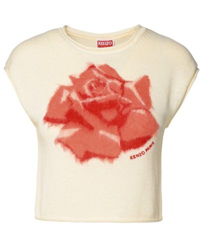 KENZO Floral Intarsia-knit Cropped Top - Natural