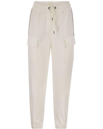 Brunello Cucinelli Smooth Cotton Fleece Cargo Trousers With Monile - White