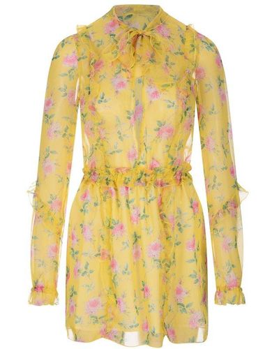 MSGM Floral Mini Dress With Ruffles - Yellow