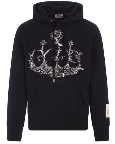 Gcds Black Hoodie With Rose Graphic Print - Blue