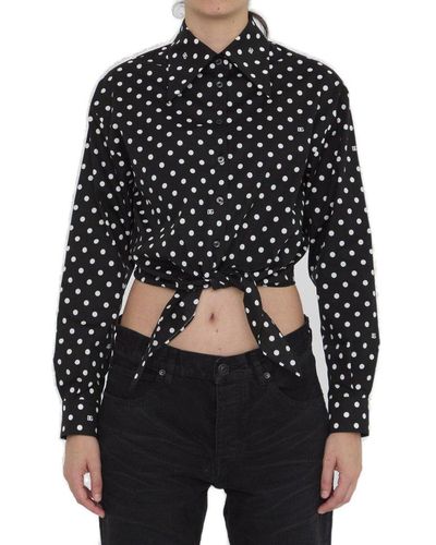 Dolce & Gabbana Polka-dot Printed Cropped Poplin Shirt - Black