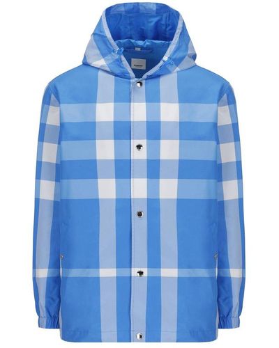 Burberry Checked Hooded Drawstring Jacket - Blue