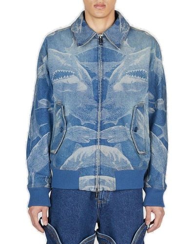 Burberry Shark Printed Zipped Denim Jacket - Blue
