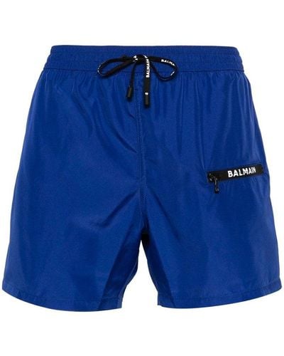 Balmain Logo Printed Drawstring Swimming Shorts - Blue