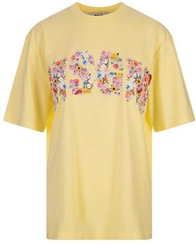 MSGM Floral Logo Printed T-shirt - Yellow