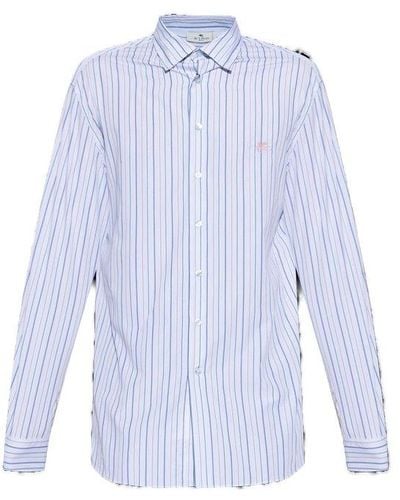 Etro Logo Embroidered Striped Buttoned Shirt - Blue