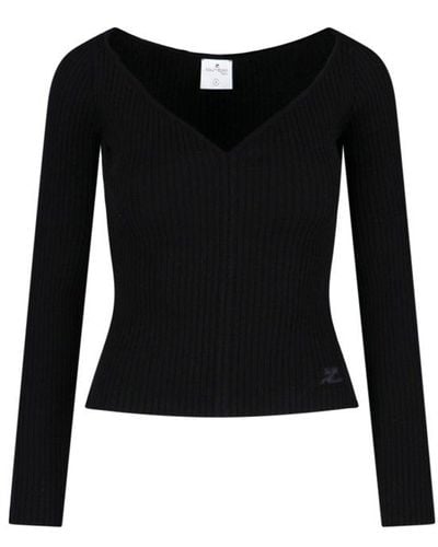 Courreges Long Sleeved V-neck Sweater - Black