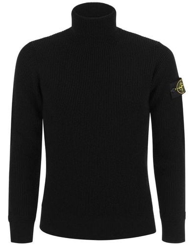 Stone Island Black 'costa Inglese' Turtle Neckt-shirt With Side Logo Patch In Wool Man - Blue