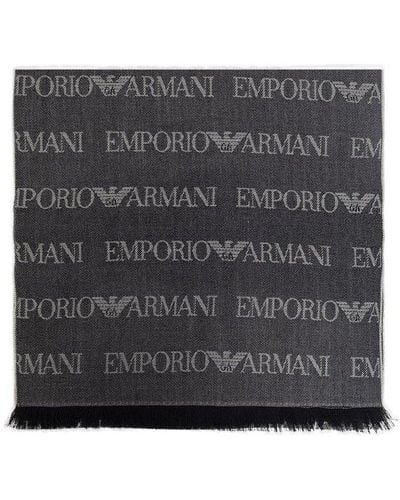 Emporio Armani Logo-embroidered Fringed Scarf - Black