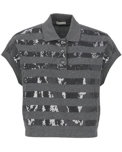 Brunello Cucinelli Sequin-embellished Polo Top - Grey