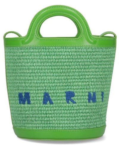 Marni Logo Embroidered Strapped Bucket Bag - Green