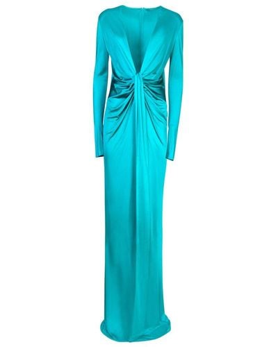 Roberto Cavalli Plunging V-neck Gathered Gown - Blue