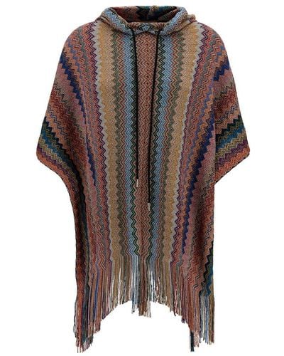 Missoni Multicolour Hooded Poncho With Zigzag Motif In Viscose Blend Woman