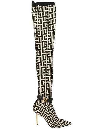 Balmain Monogram Strap Knit Raven Thigh-high Boots - Black