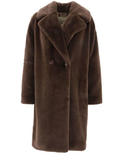 Herno Double-breasted Coat In Faux Fur - Brown