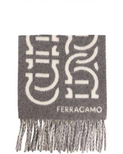 Ferragamo Wool Scarf With Logo - Gray