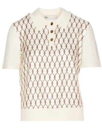 Tory Burch Knot-printed Short Sleeved Polo Shirt - White