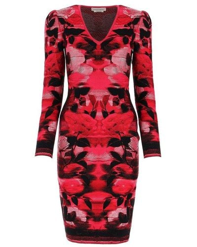 Alexander McQueen V-neck Floral Fitted Dress - Red