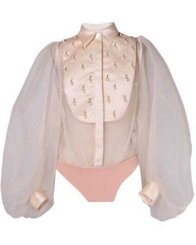 Elisabetta Franchi Pearl Embellished Puff Sleeves Bodysuit - Natural