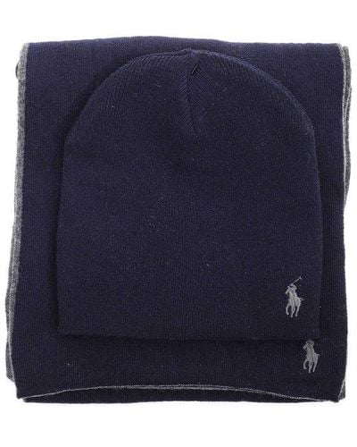 Polo Ralph Lauren Logo Embroidered Scarf And Hat Set - Blue