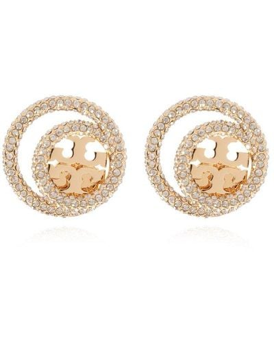 Tory Burch 'miller' Earrings With Logo, - Natural
